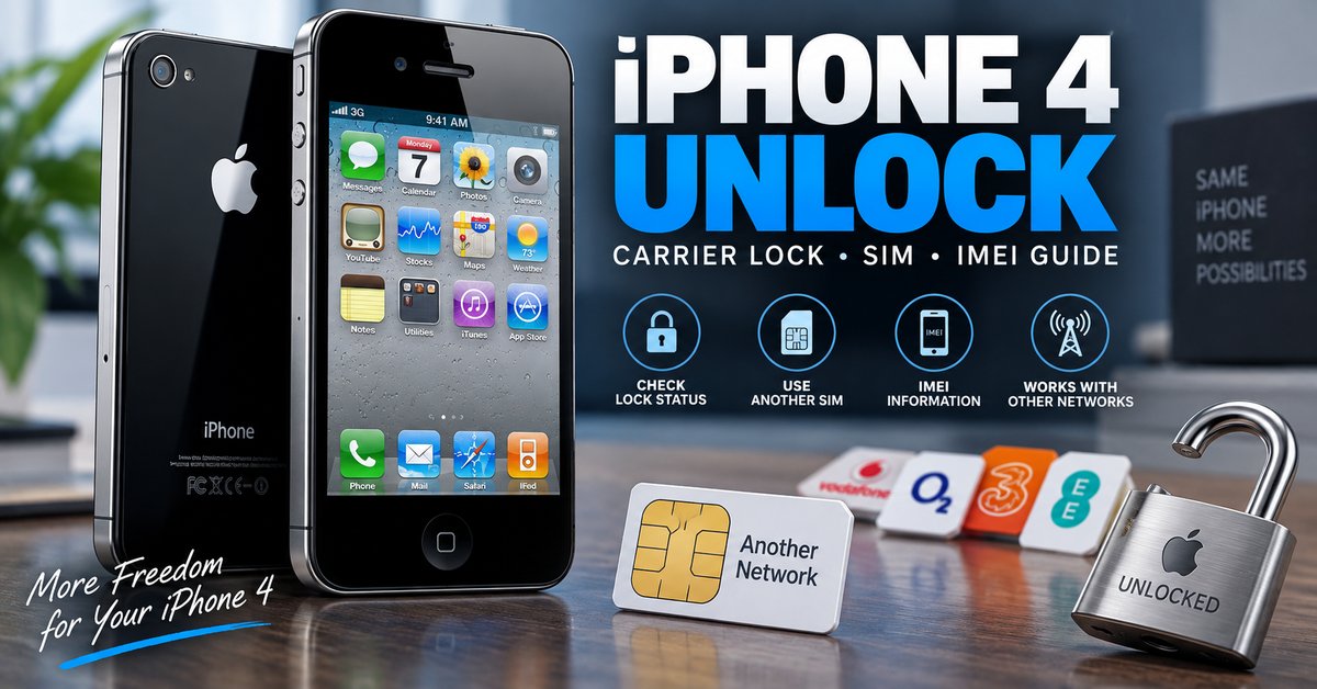 iPhone 4 unlock guide showing carrier lock, SIM card and IMEI unlocking