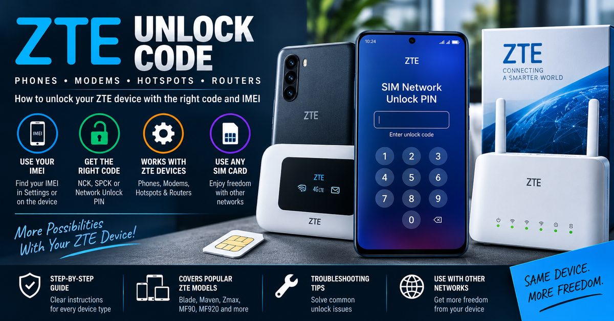 ZTE unlock code guide showing IMEI, network unlock PIN and ZTE phones, modems, hotspots and routers
