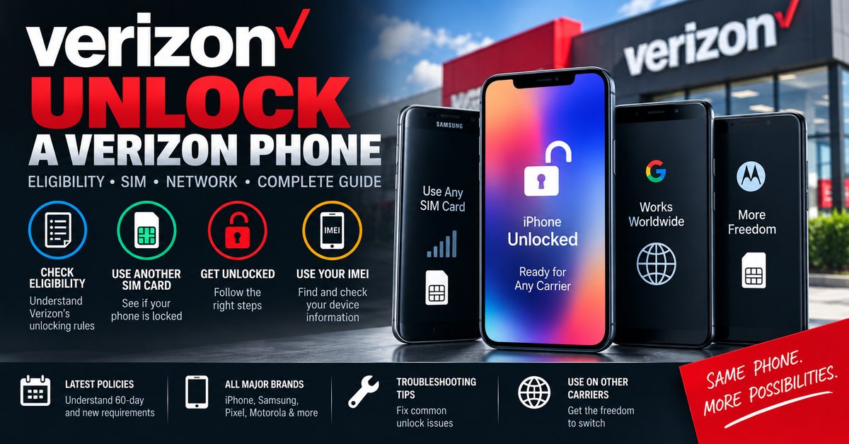 Verizon phone unlock guide showing SIM, network unlock, eligibility and IMEI steps