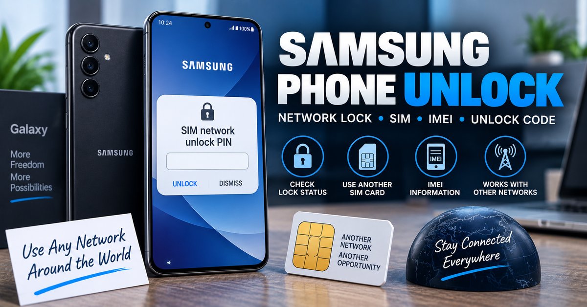 Samsung phone unlock guide showing network lock, SIM card and IMEI