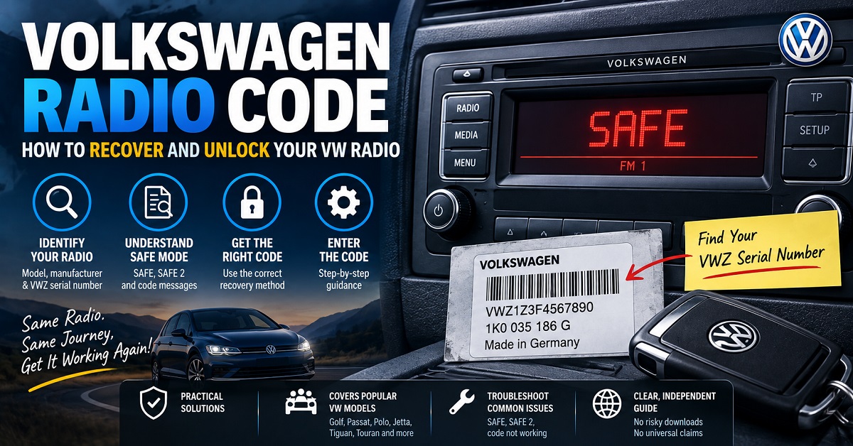 Volkswagen radio code guide showing SAFE mode, VWZ serial number and radio recovery steps