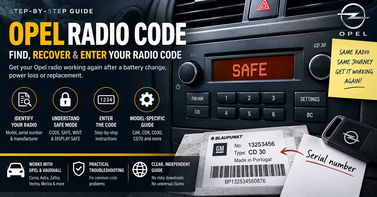 Opel radio code guide showing SAFE mode, radio serial number, and code recovery steps
