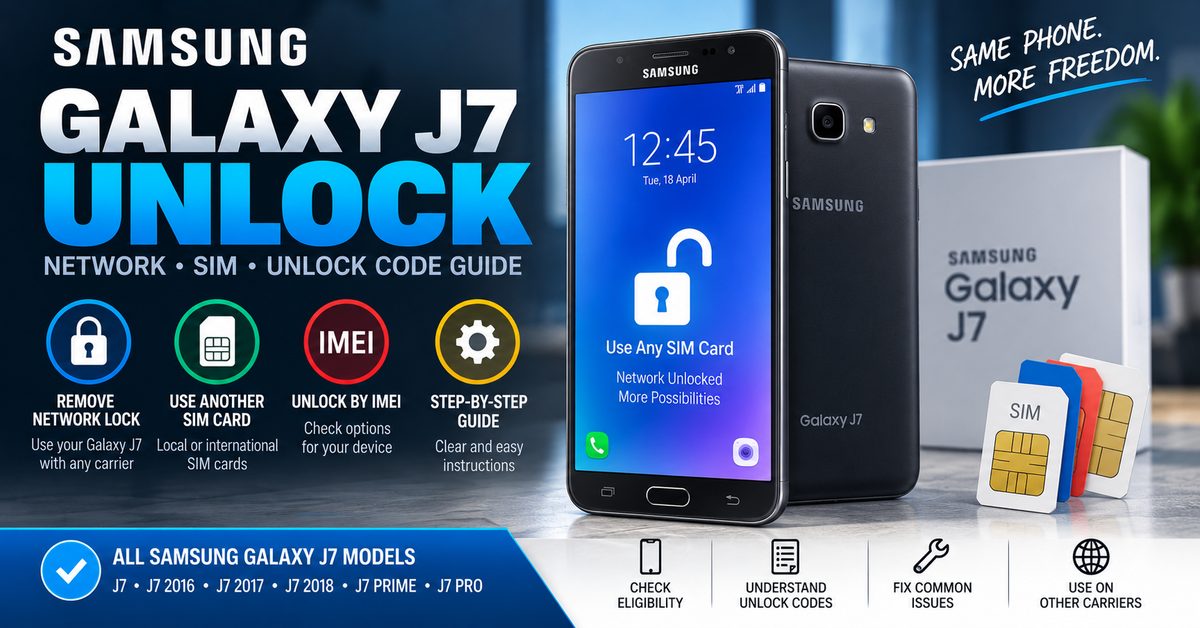 Samsung Galaxy J7 unlock guide showing network unlock, SIM unlock, IMEI and unlock code options