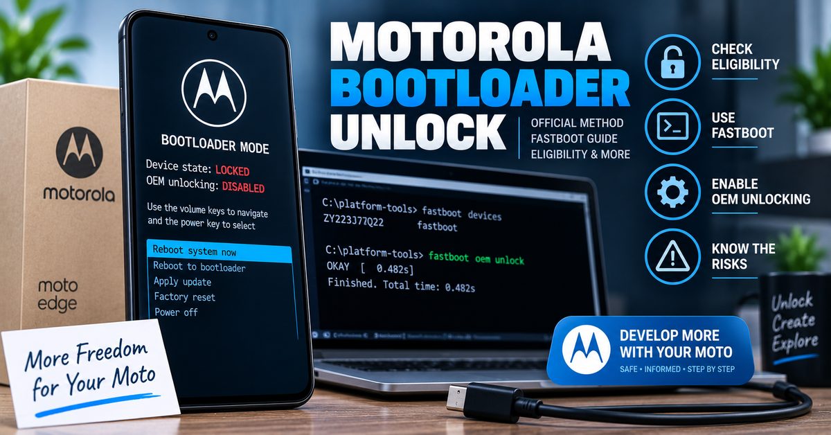 Motorola bootloader unlock guide showing a Moto phone in bootloader mode with Fastboot and OEM unlocking options