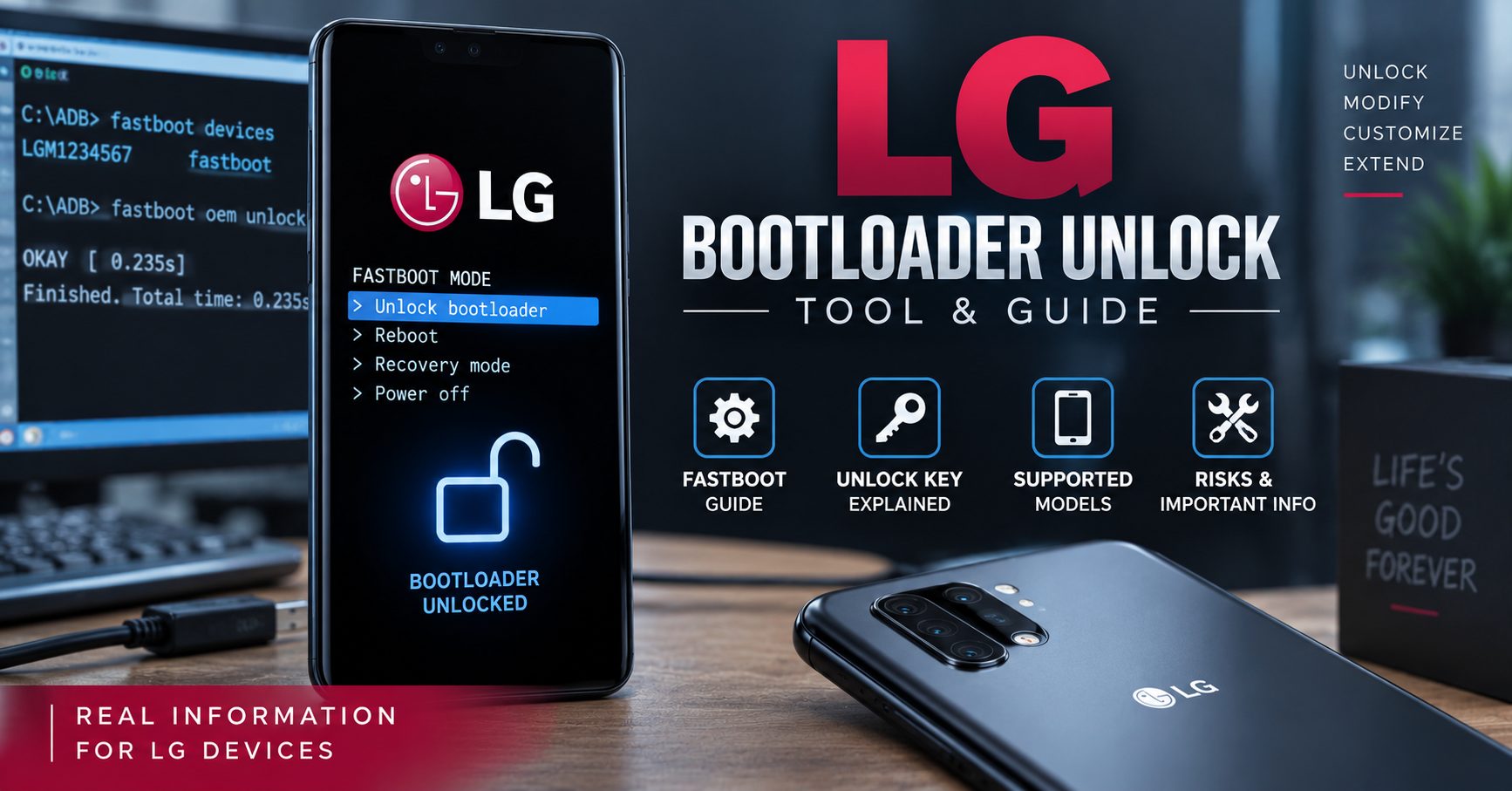 LG bootloader unlock tool guide showing an LG smartphone in Fastboot mode with bootloader unlock options