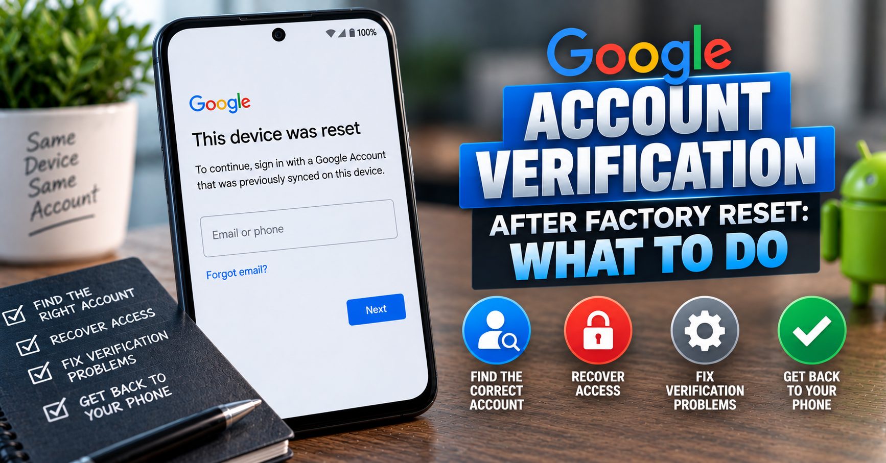 Google Account verification screen after an Android factory reset
