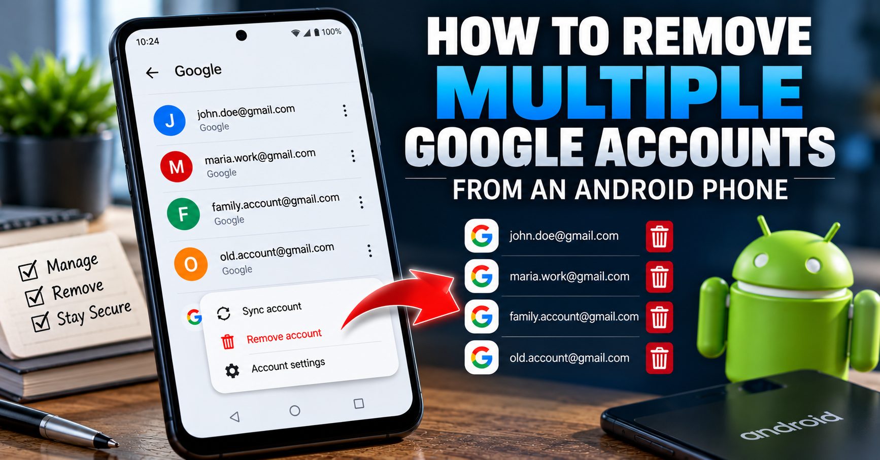 How to remove multiple Google accounts from an Android phone